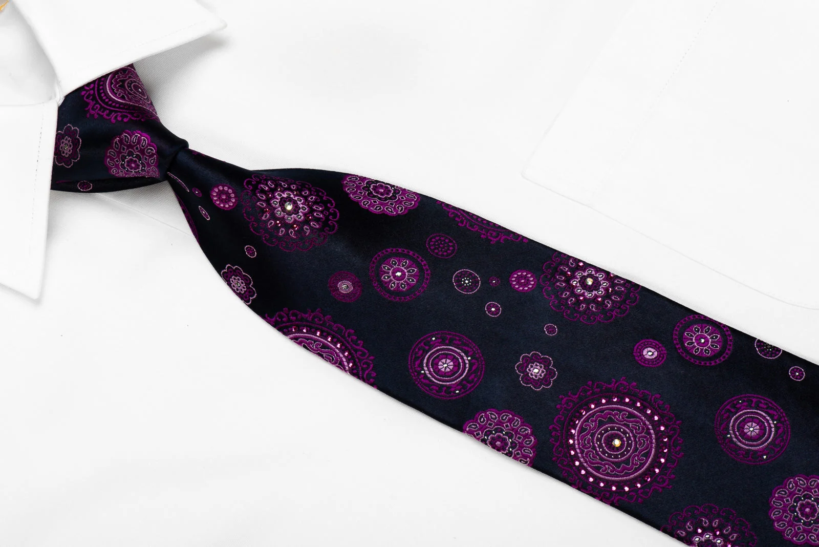Lancetti Men's Crystal Silk Necktie Purple Medallions On Navy With Silver Sparkles - Image 3