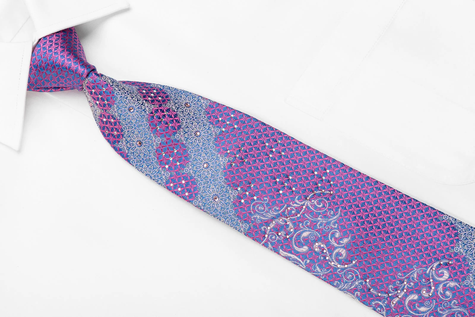 Lancetti Men's Crystal Silk Tie Pink Silver Arabesk On Blue With Sparkles - Image 2