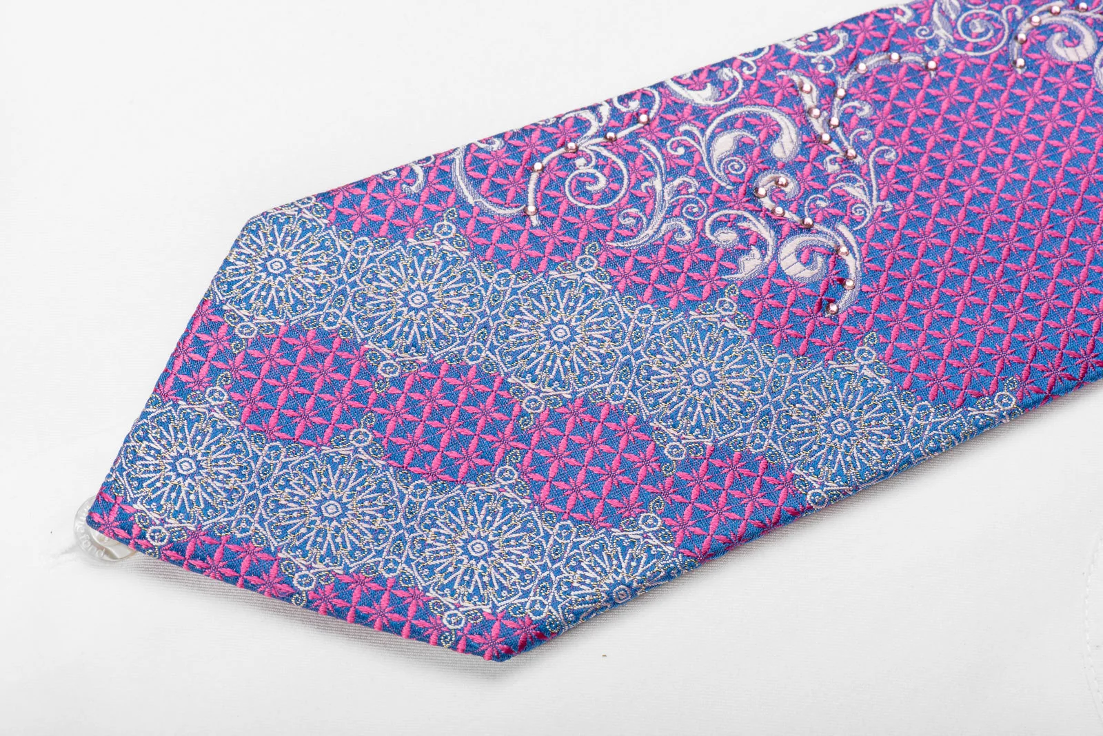 Lancetti Men's Crystal Silk Tie Pink Silver Arabesk On Blue With Sparkles - Image 3