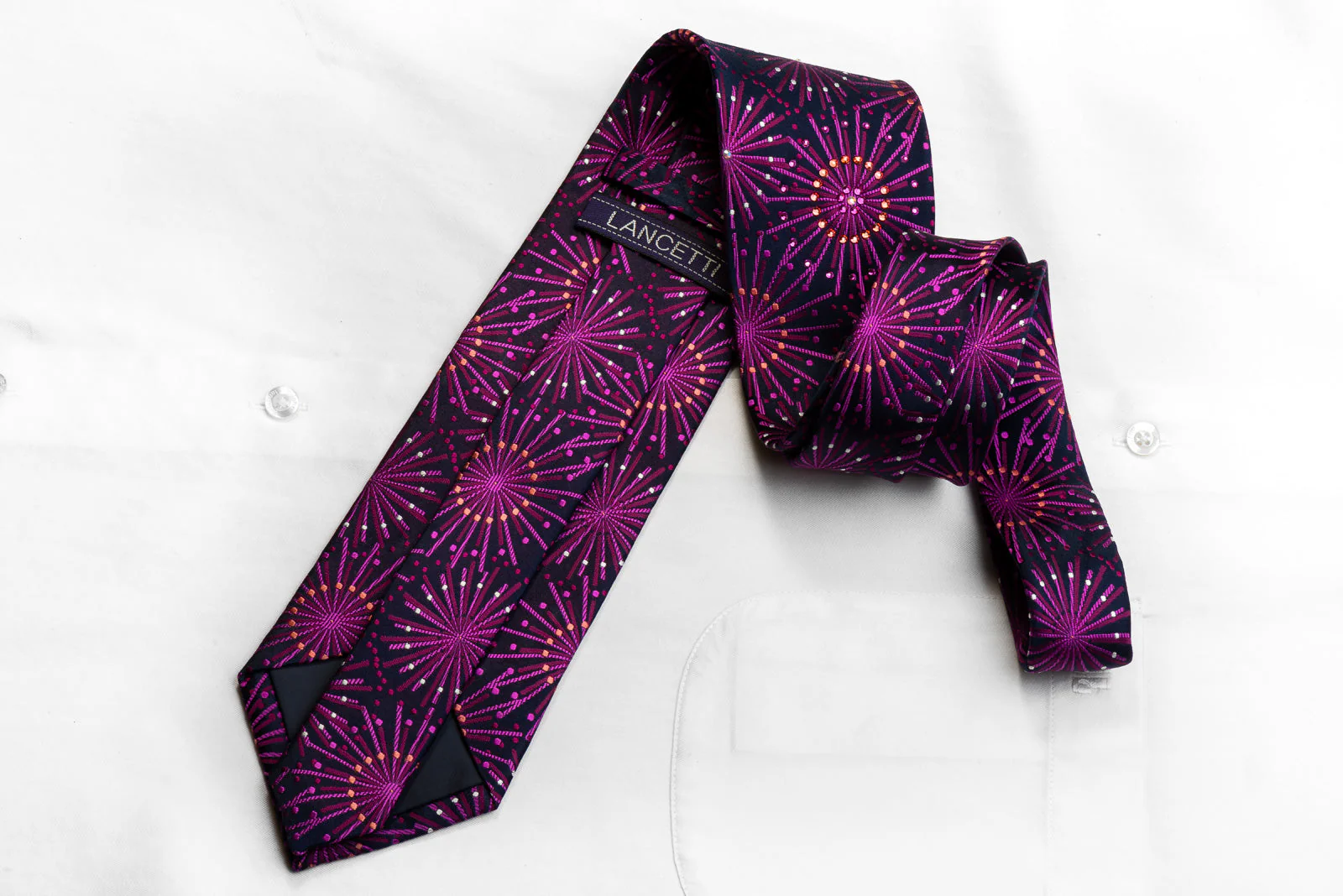 Men's Rhinestone Necktie Geometric Starbursts On Navy Silk - Image 5