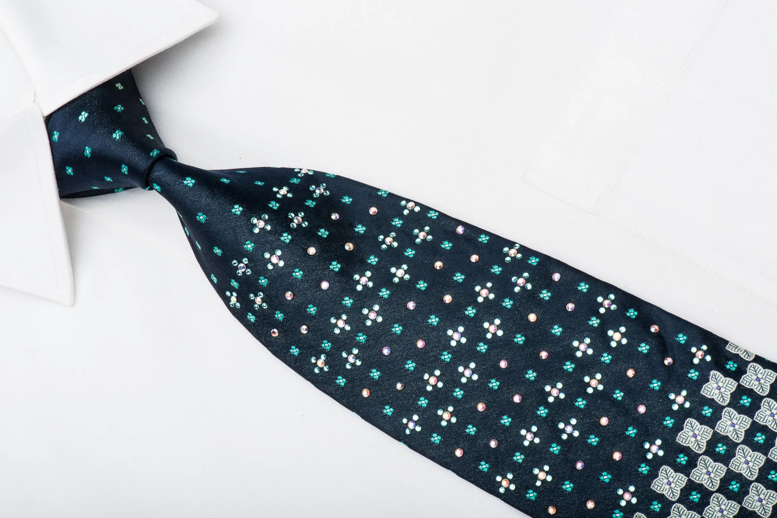 Lancetti Men's Rhinestone Tie Silver Checker Foulard On Navy Silk With Silver Sparkles - Image 2