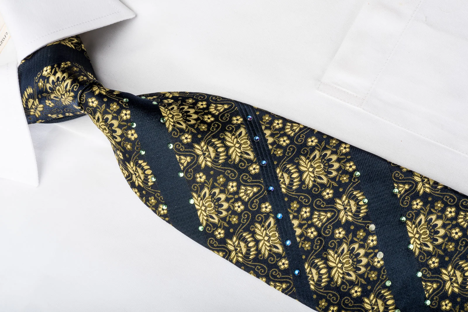 Lancetti Men's Silk Necktie Golden Anthemion On Navy Sparkling With Rhinestones - Image 2