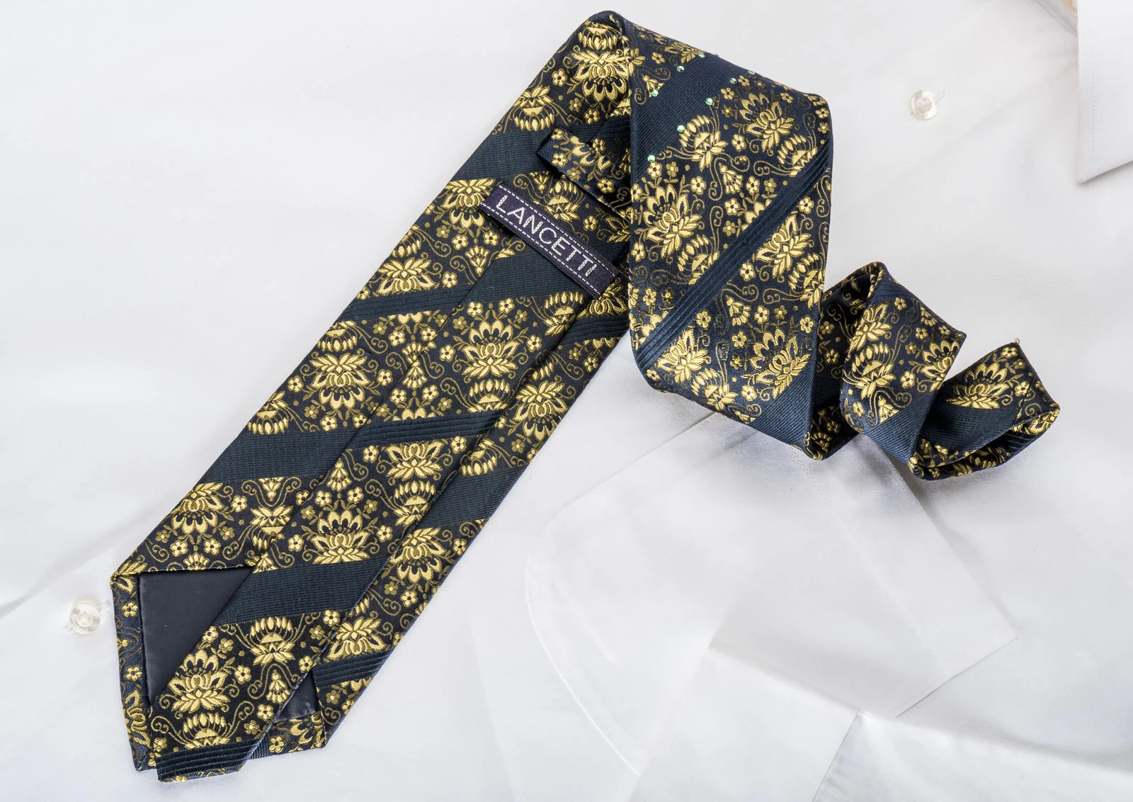 Lancetti Men's Silk Necktie Golden Anthemion On Navy Sparkling With Rhinestones - Image 5
