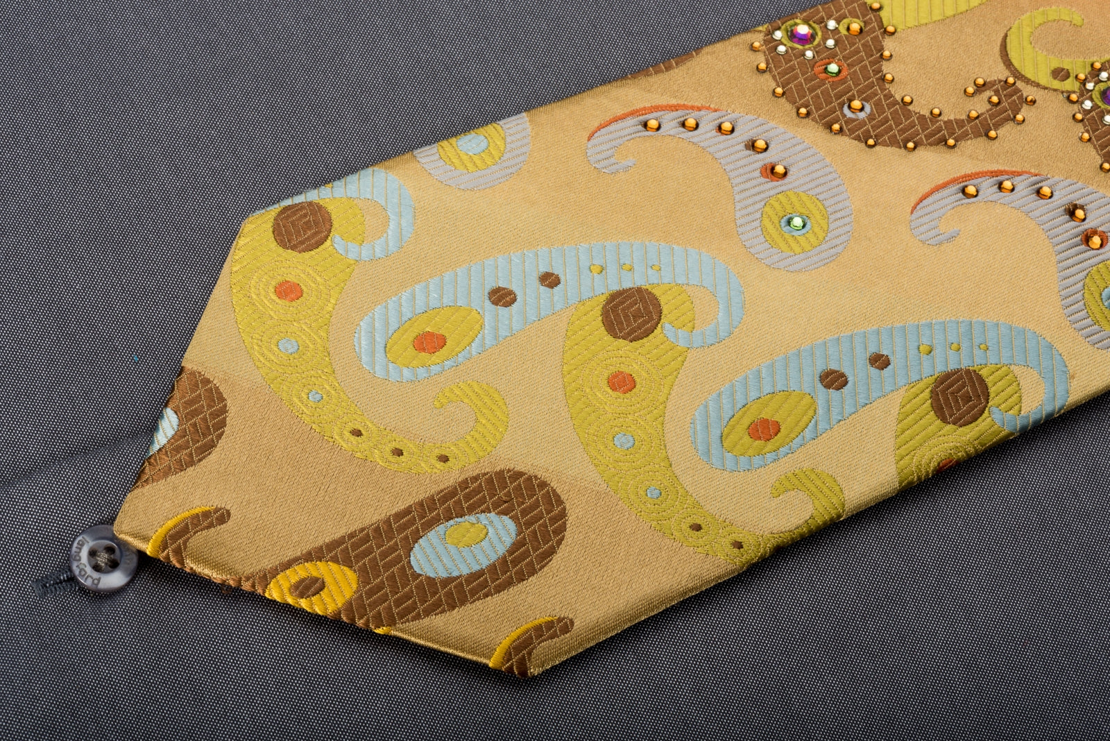 Lancetti Men's Silk Necktie Paisley On Golden Yellow Sparkling With Rhinestones - Image 4