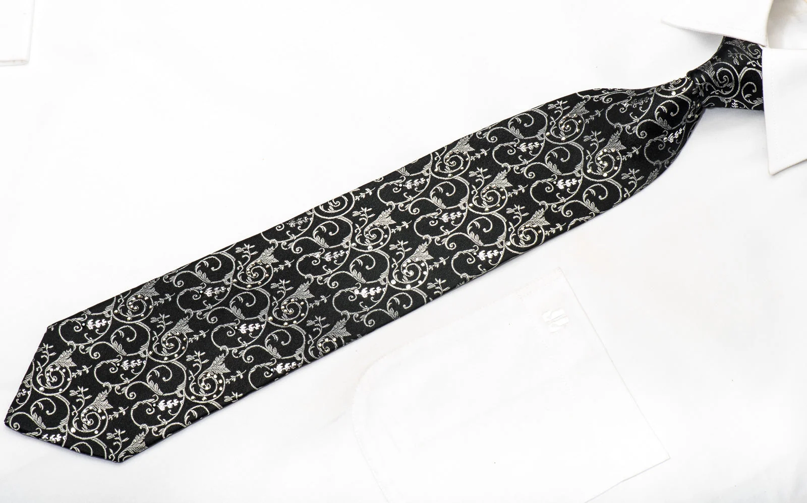 Lancetti Men's Silk Necktie Silver Filigree On Black Sparkling With Rhinestones - Image 4
