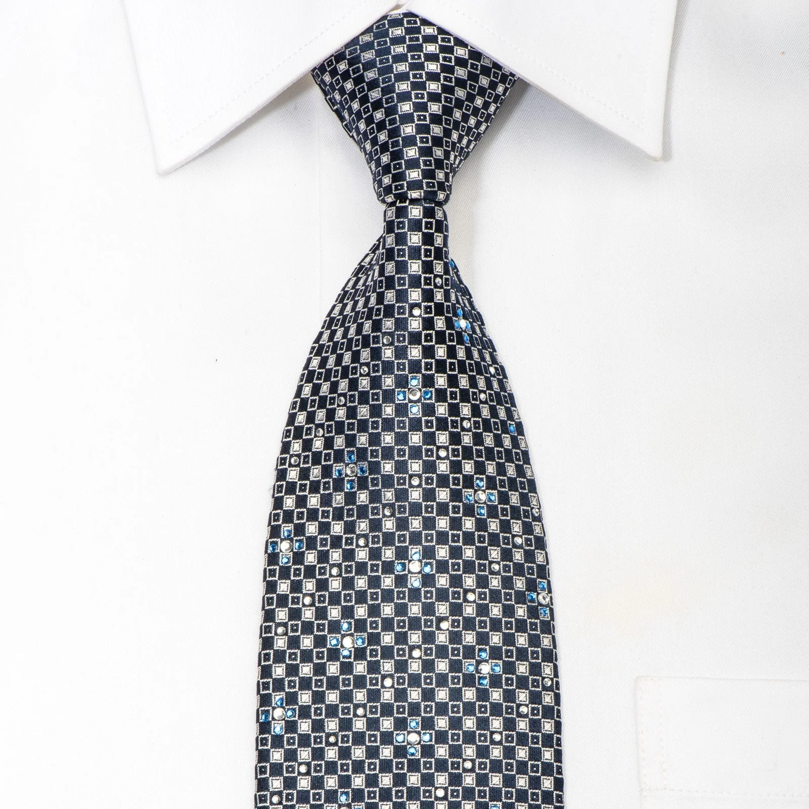 Lancetti Men's Silk Rhinestone Necktie Silver Checker On Navy With Sparkles