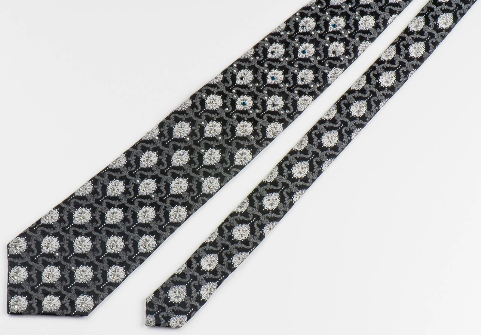 Lancetti Men's Silk Rhinestone Tie Silver Anthemion On Black - Image 4