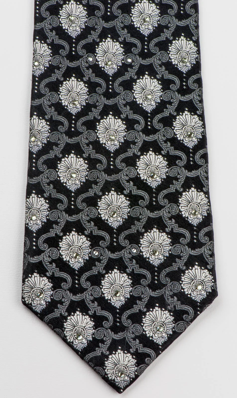 Lancetti Men's Silk Rhinestone Tie Silver Anthemion On Black - Image 6