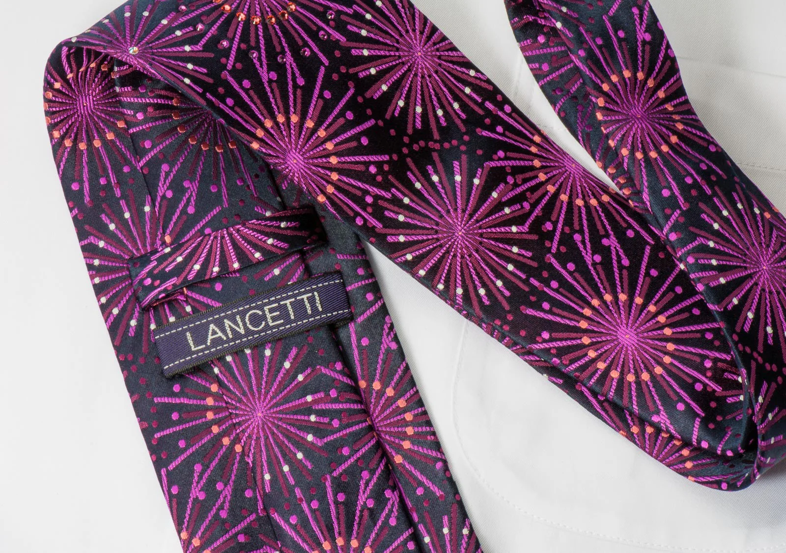 Lancetti Men's Woven Silk Necktie Geometric Design On Purple With Crystal Rhinestones - Image 6