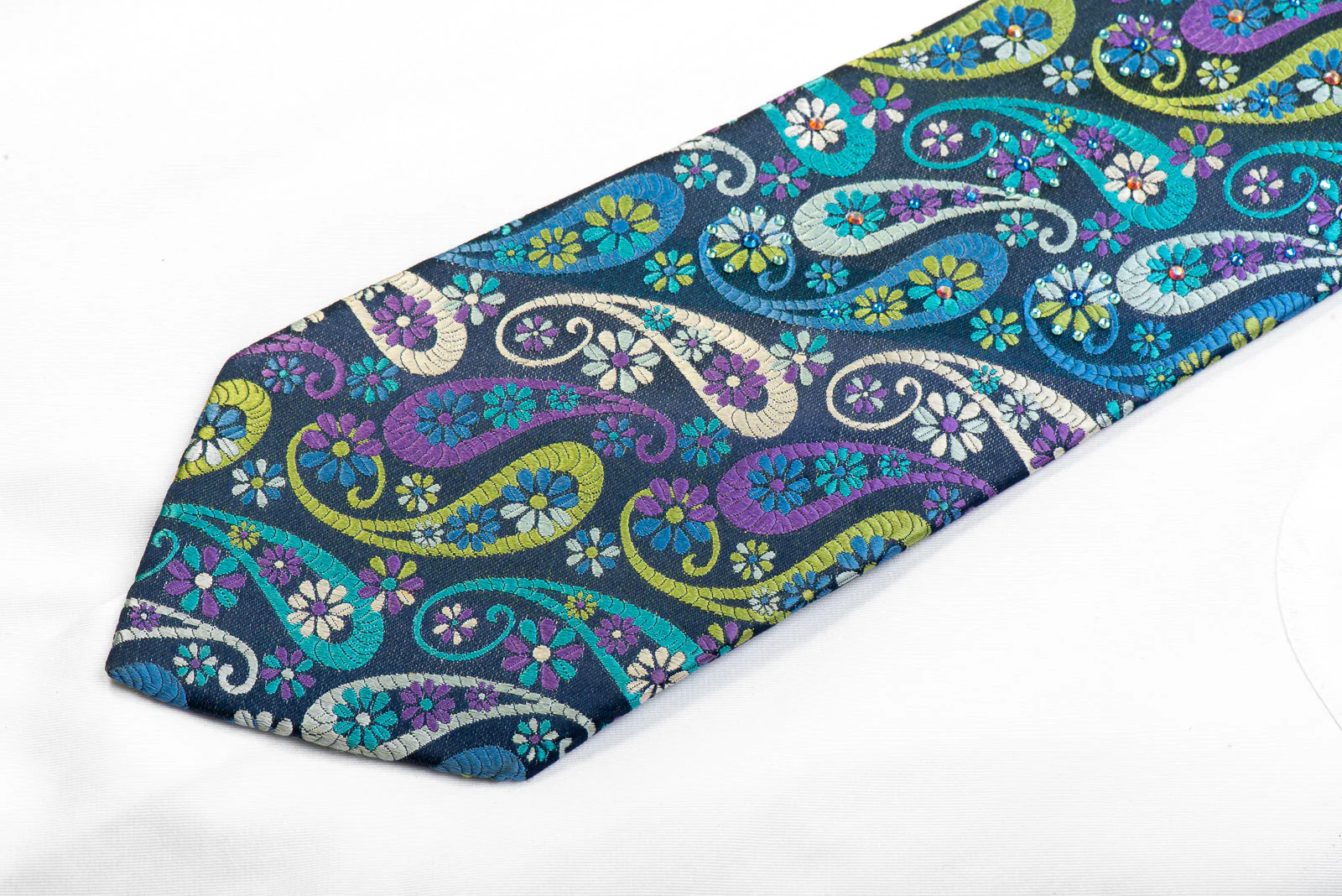 Lancetti Mens Rhinestone Silk Necktie Paisley On Navy - Image 3