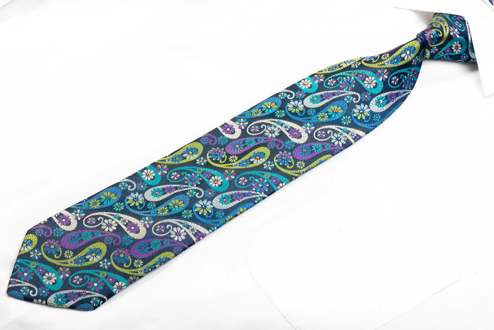 Lancetti Mens Rhinestone Silk Necktie Paisley On Navy - Image 4