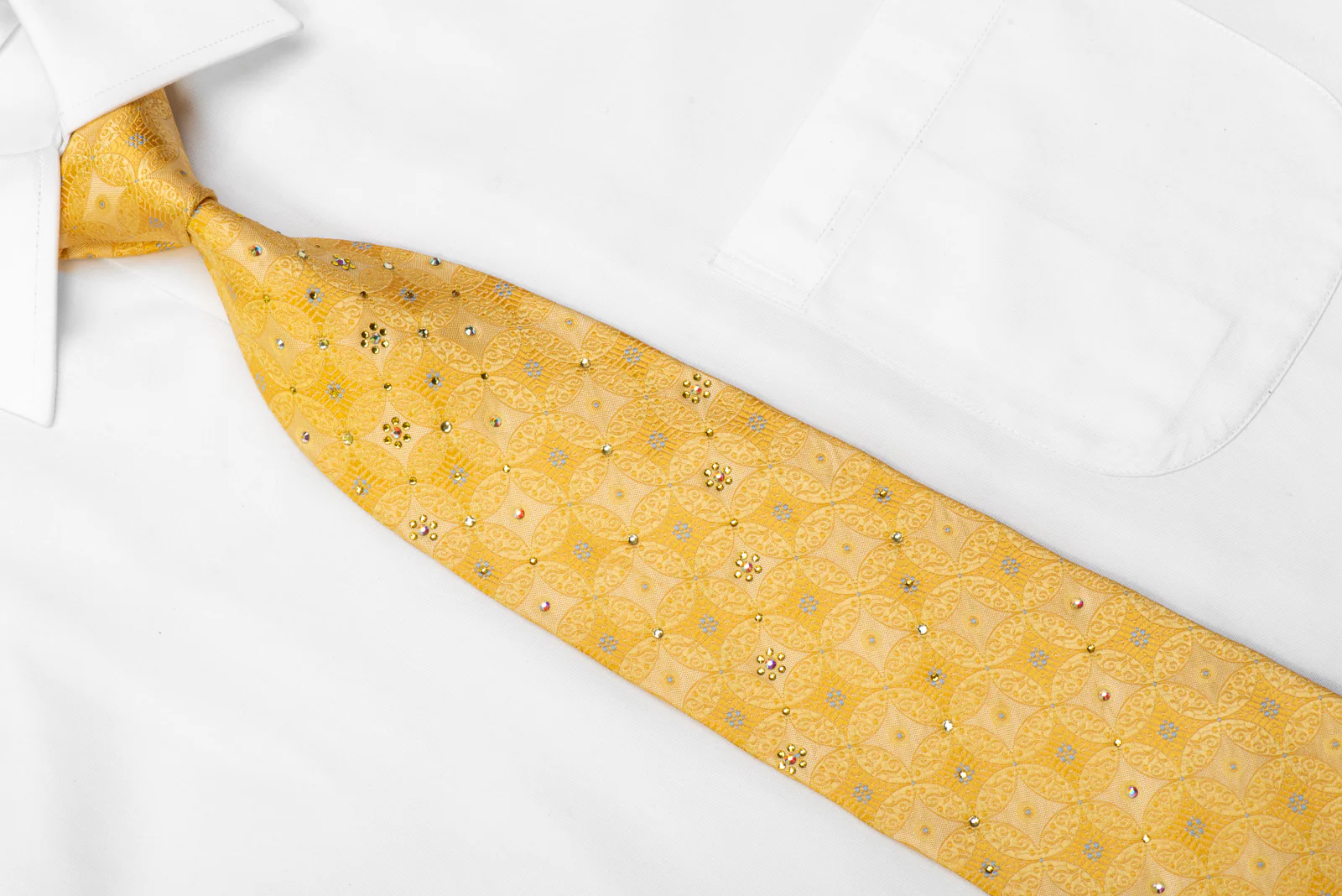 Lancetti Men's Silk Necktie Interlocking Medallions On Yellow With Crystal Rhinestones - Image 2
