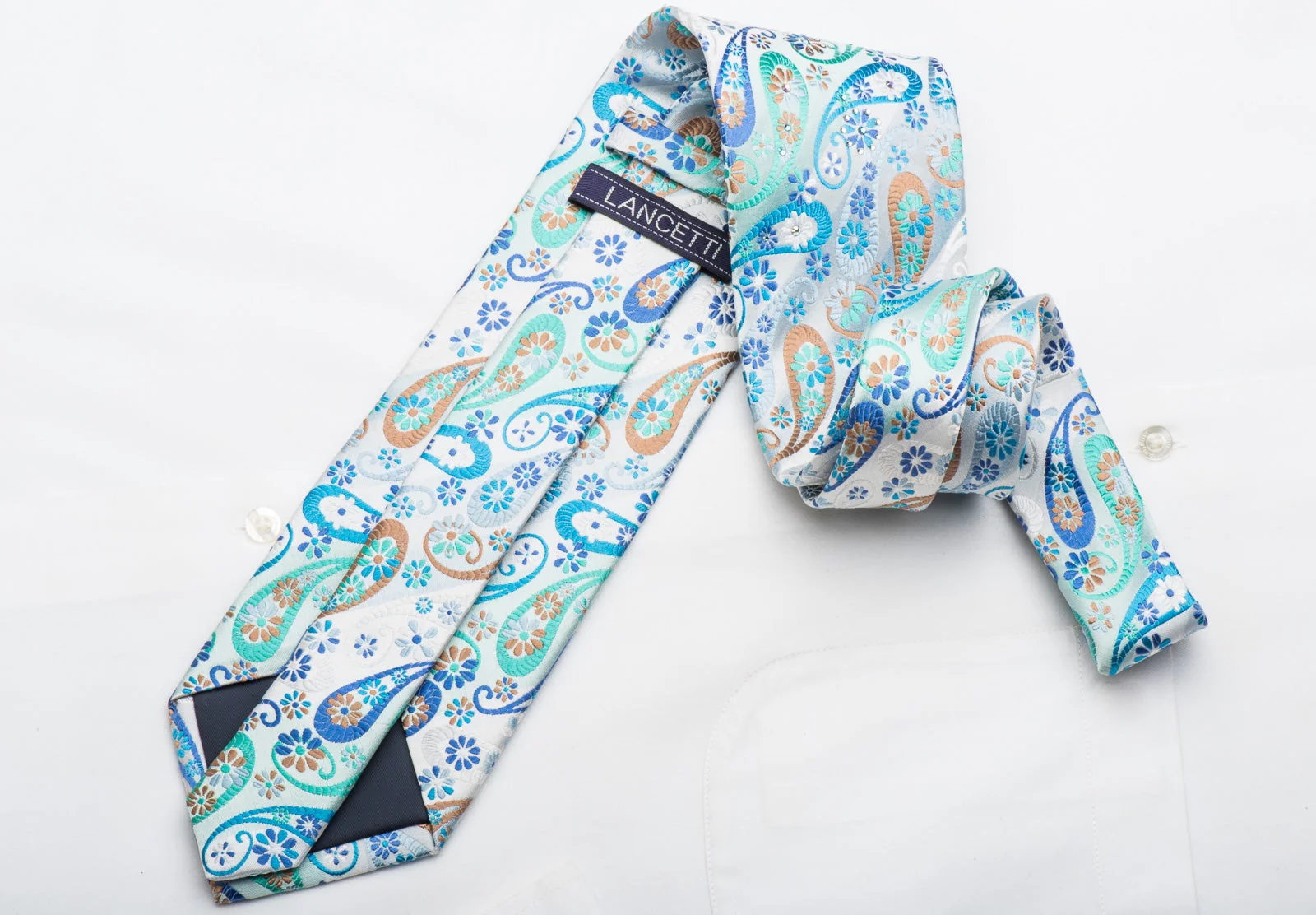 Lancetti Mens Silk Necktie Paisley On Blue Sparkling With Crystal Rhinestones - Image 6
