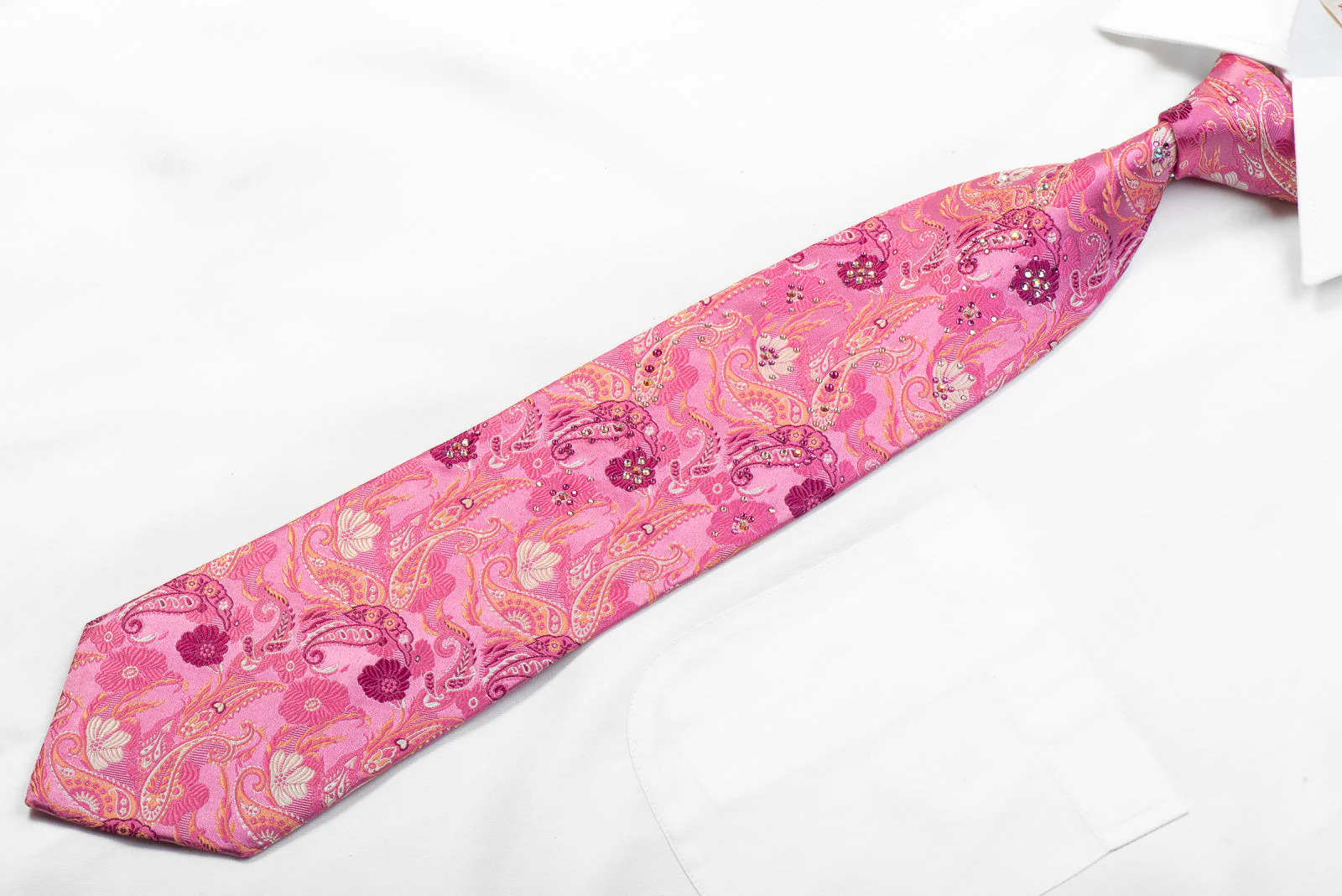 Lancetti Mens Silk Rhinestone Necktie Paisley Floral On Pink - Image 3