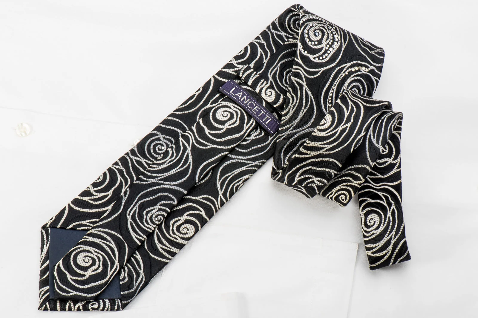 Lancetti Mens Rhinestone Necktie Abstract Silver Floral On Black - Image 6