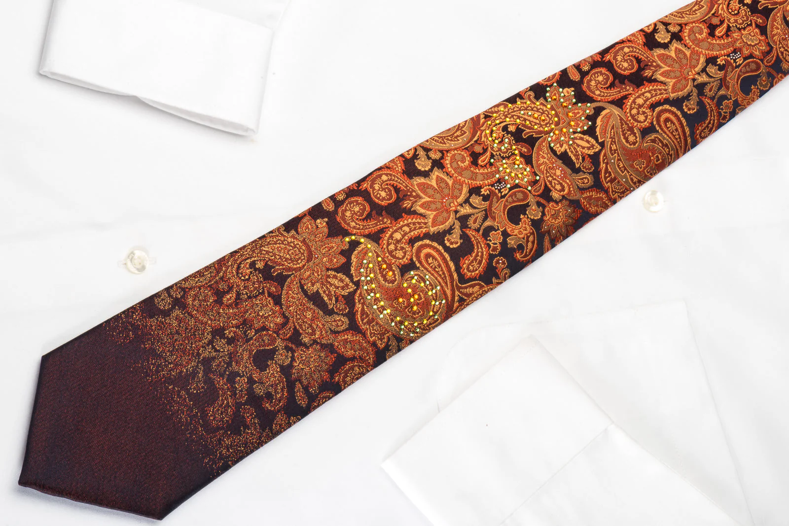 Lancetti Rhinestone Necktie Orange Paisley On Brown Silk With Silver Sparkles - Image 3