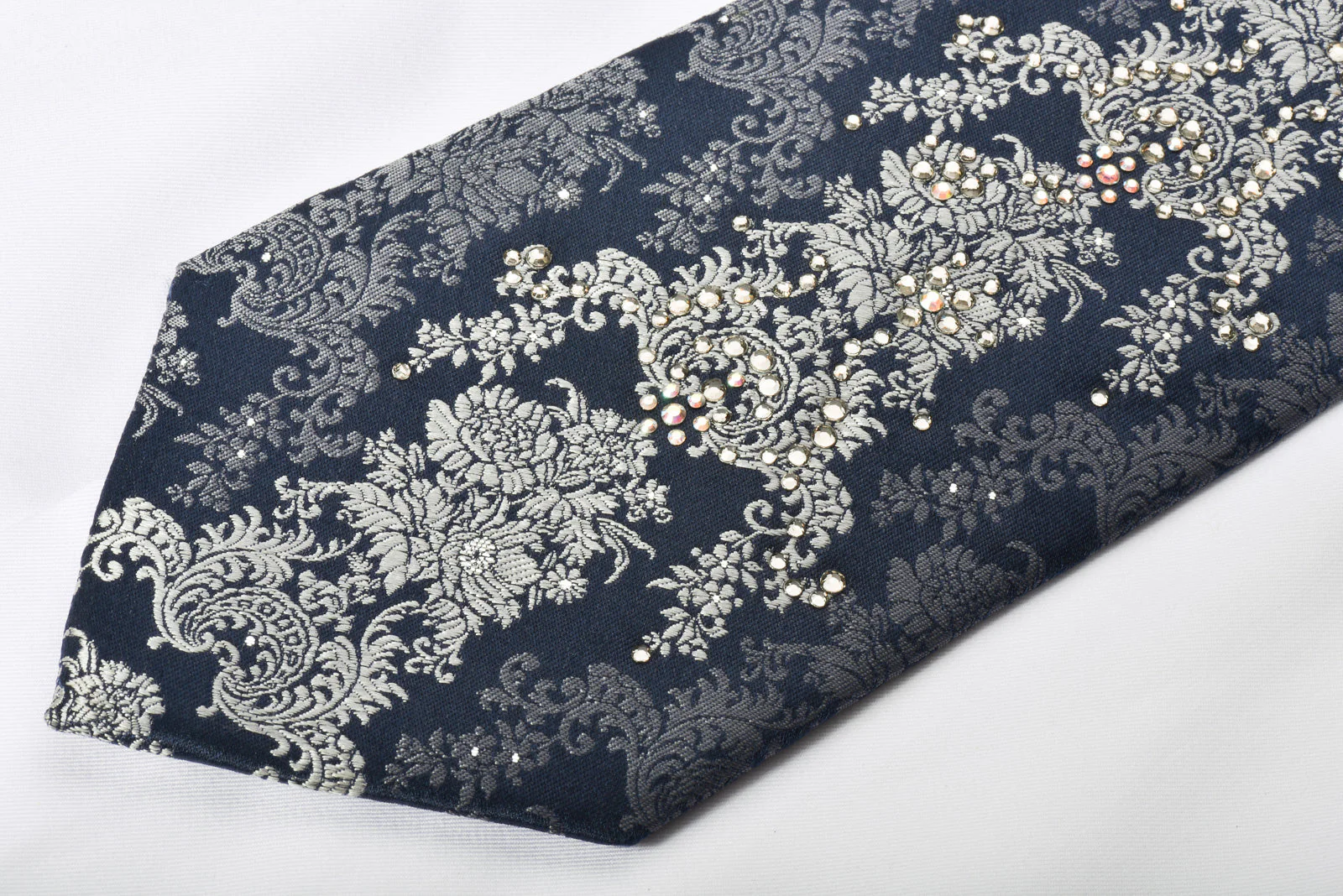 Lancetti Rhinestone Necktie Silver Baroque On Navy With Silver Sparkles - Image 7