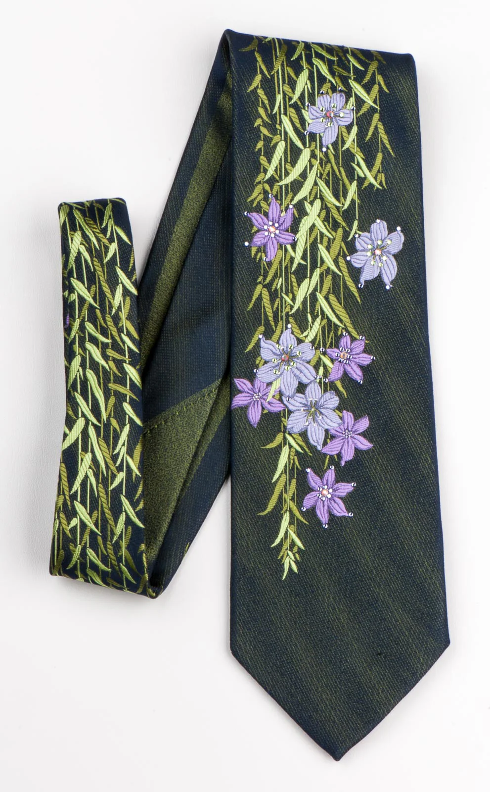 Lancetti Rhinestone Silk Neck Tie Floral Design On Dark Black Classic 3 1/2 Inch - Image 7