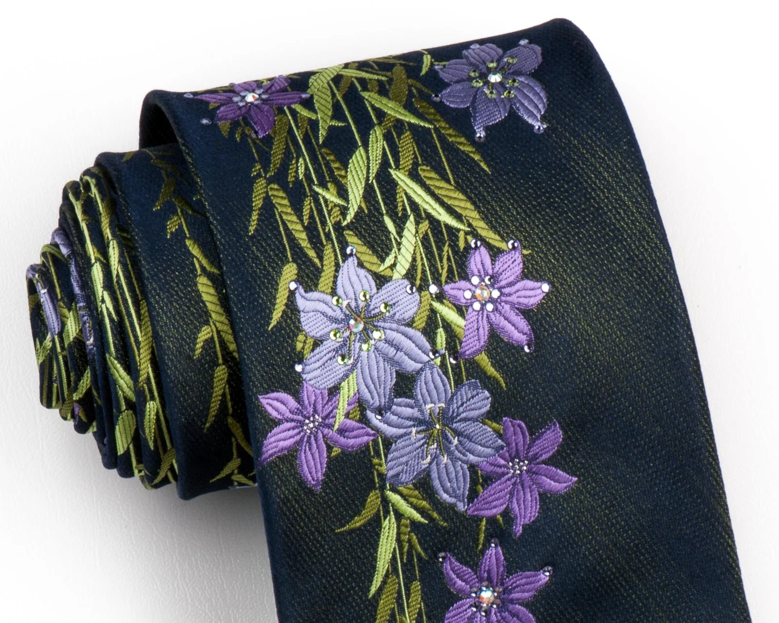 Lancetti Rhinestone Silk Neck Tie Floral Design On Dark Black Classic 3 1/2 Inch - Image 8