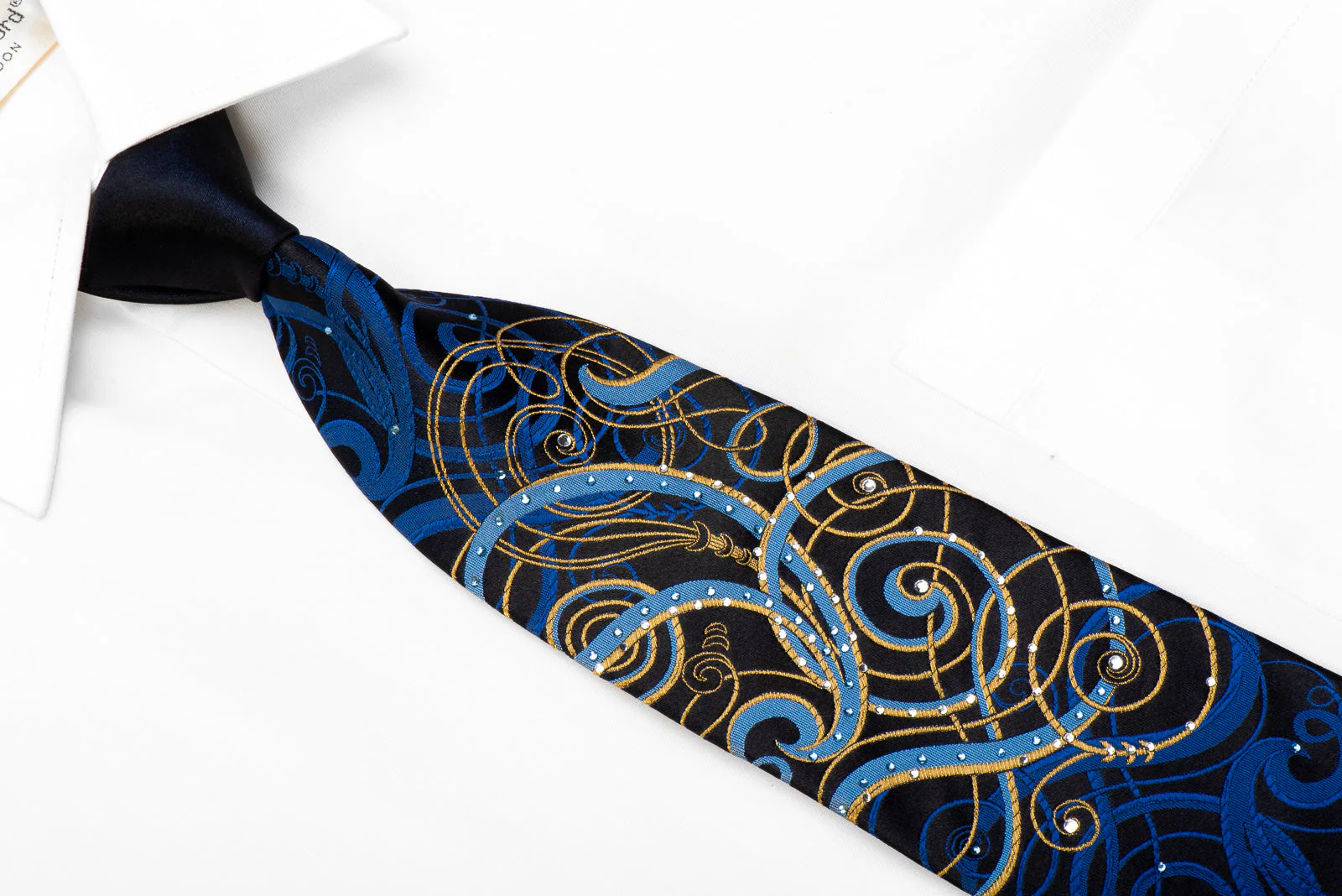 Lancetti Rhinestone Silk Necktie Blue Gold Scrolls On Navy With Sparkles - Image 2