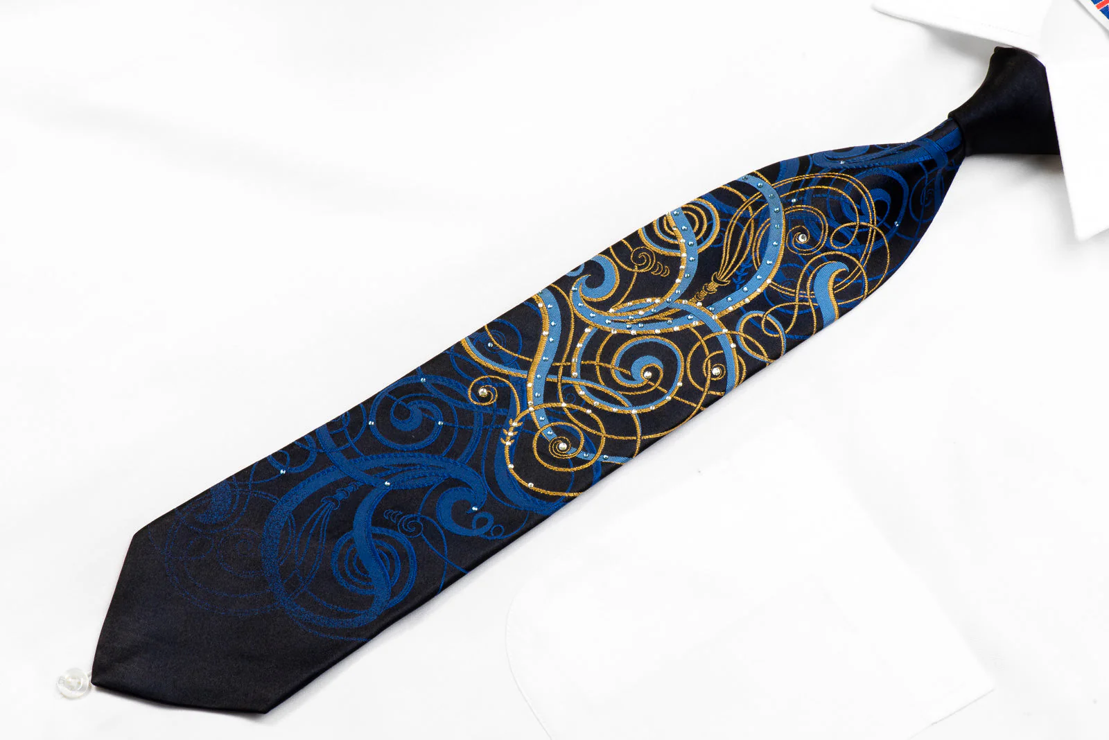 Lancetti Rhinestone Silk Necktie Blue Gold Scrolls On Navy With Sparkles - Image 3
