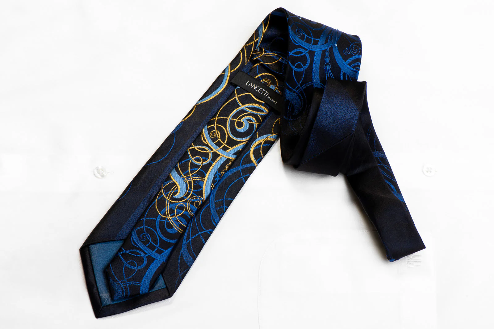 Lancetti Rhinestone Silk Necktie Blue Gold Scrolls On Navy With Sparkles - Image 4
