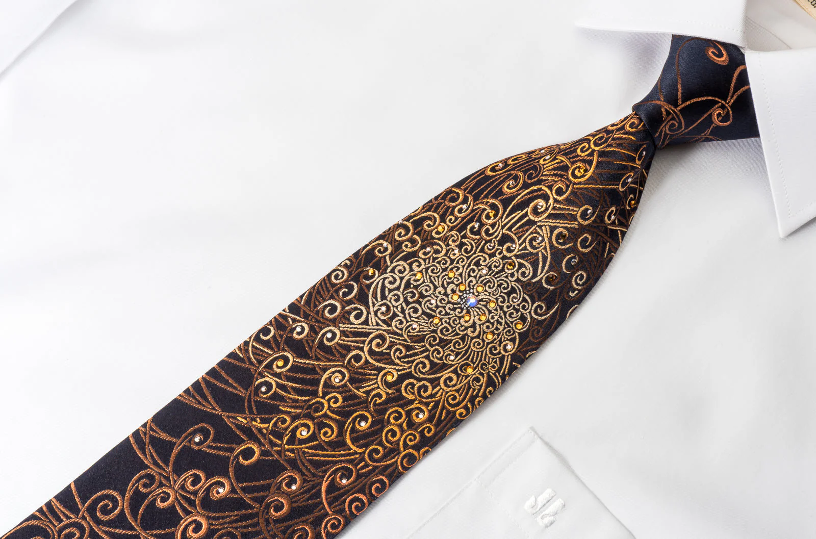 Lancetti Rhinestone Silk Necktie Brown Orange Scrolls On Black - Image 2