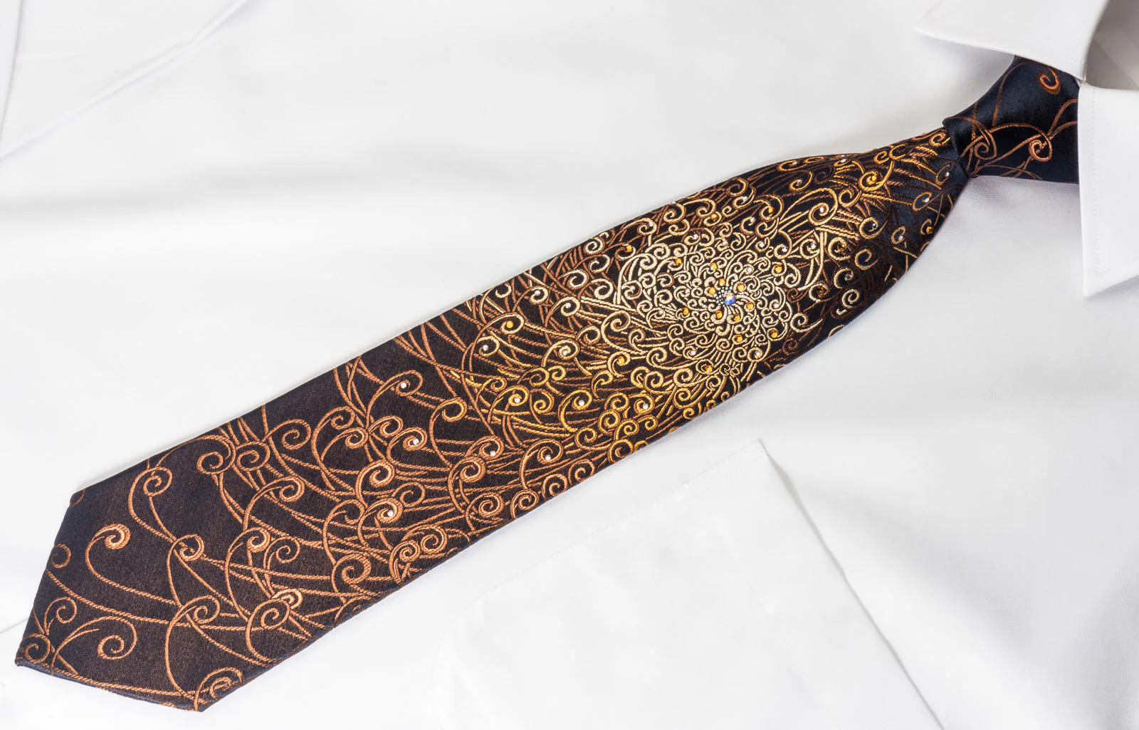 Lancetti Rhinestone Silk Necktie Brown Orange Scrolls On Black - Image 3
