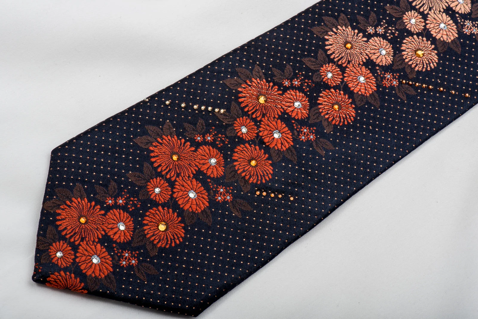 Lancetti Rhinestone Silk Necktie Golden Orange Floral On Navy With Gold Sparkles - Image 2