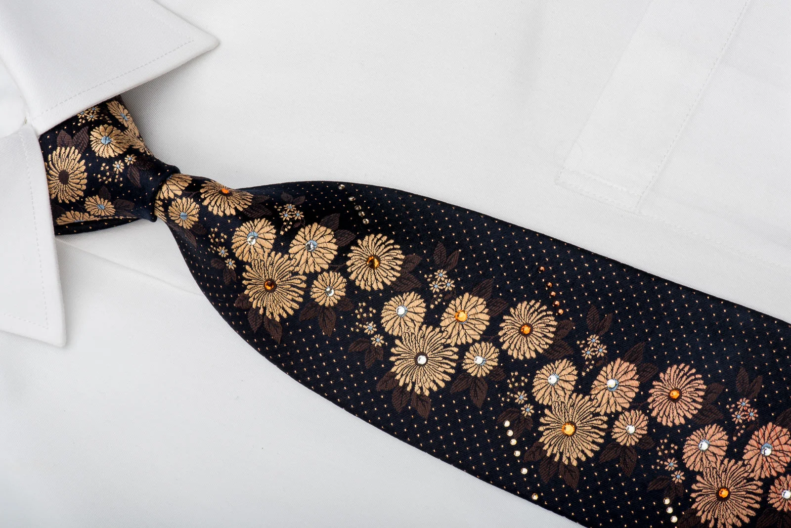 Lancetti Rhinestone Silk Necktie Golden Orange Floral On Navy With Gold Sparkles - Image 3