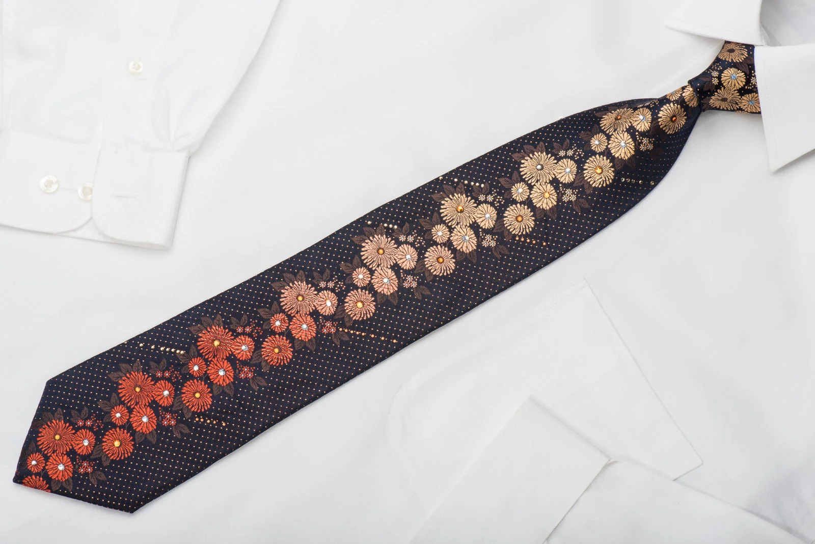 Lancetti Rhinestone Silk Necktie Golden Orange Floral On Navy With Gold Sparkles - Image 4