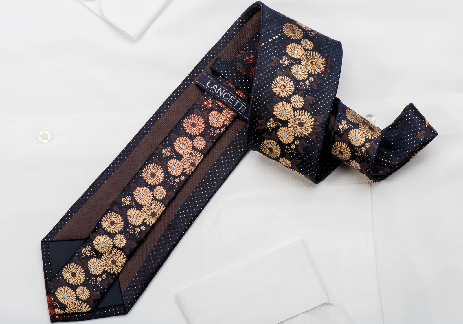 Lancetti Rhinestone Silk Necktie Golden Orange Floral On Navy With Gold Sparkles - Image 5