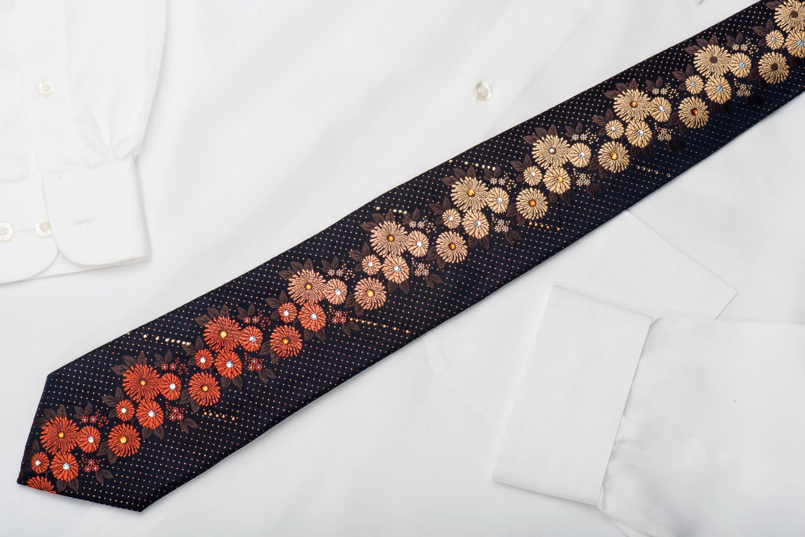 Lancetti Rhinestone Silk Necktie Golden Orange Floral On Navy With Gold Sparkles - Image 6