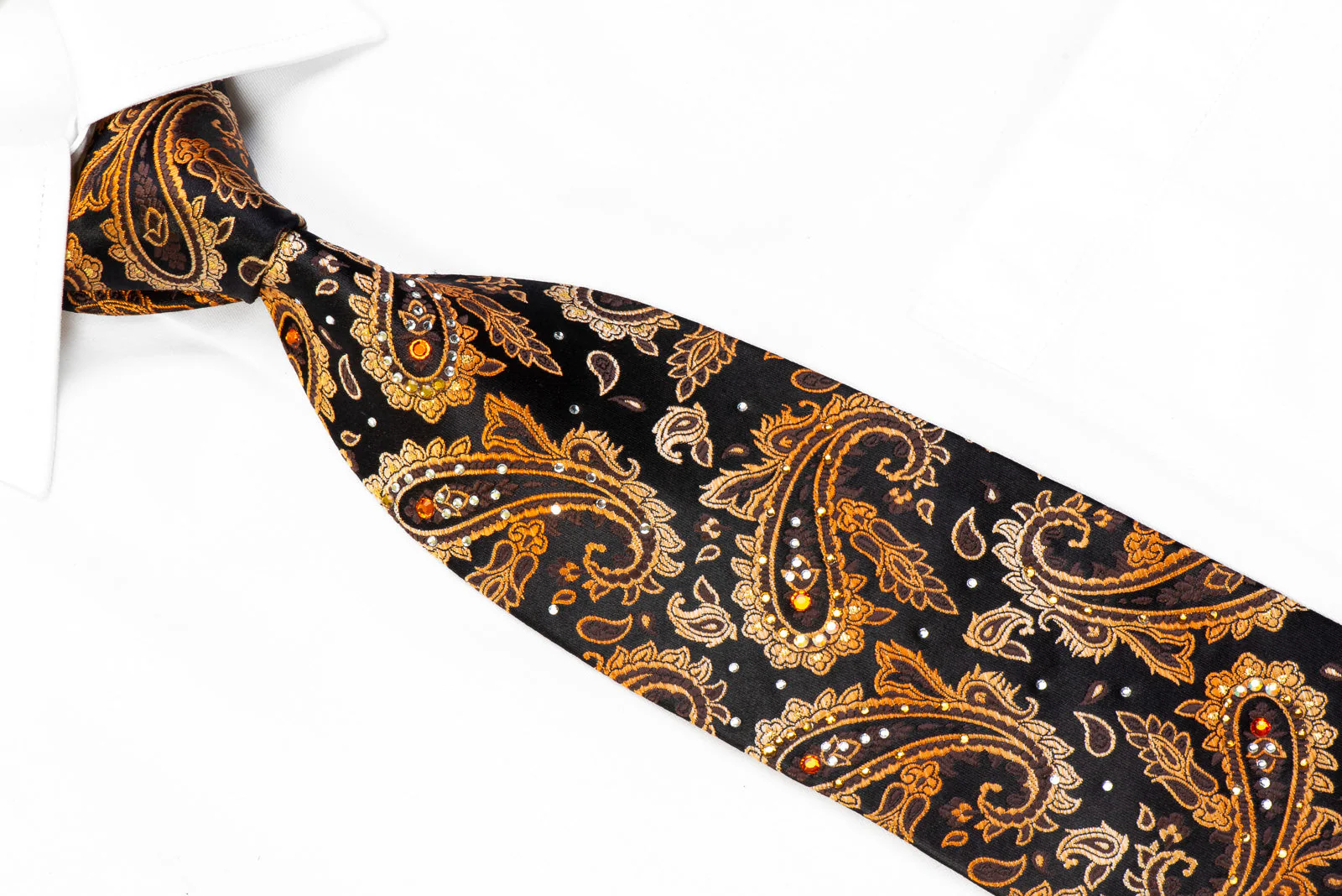 Lancetti Rhinestone Silk Necktie Orange Paisley On Black With Gold Sparkles - Image 2