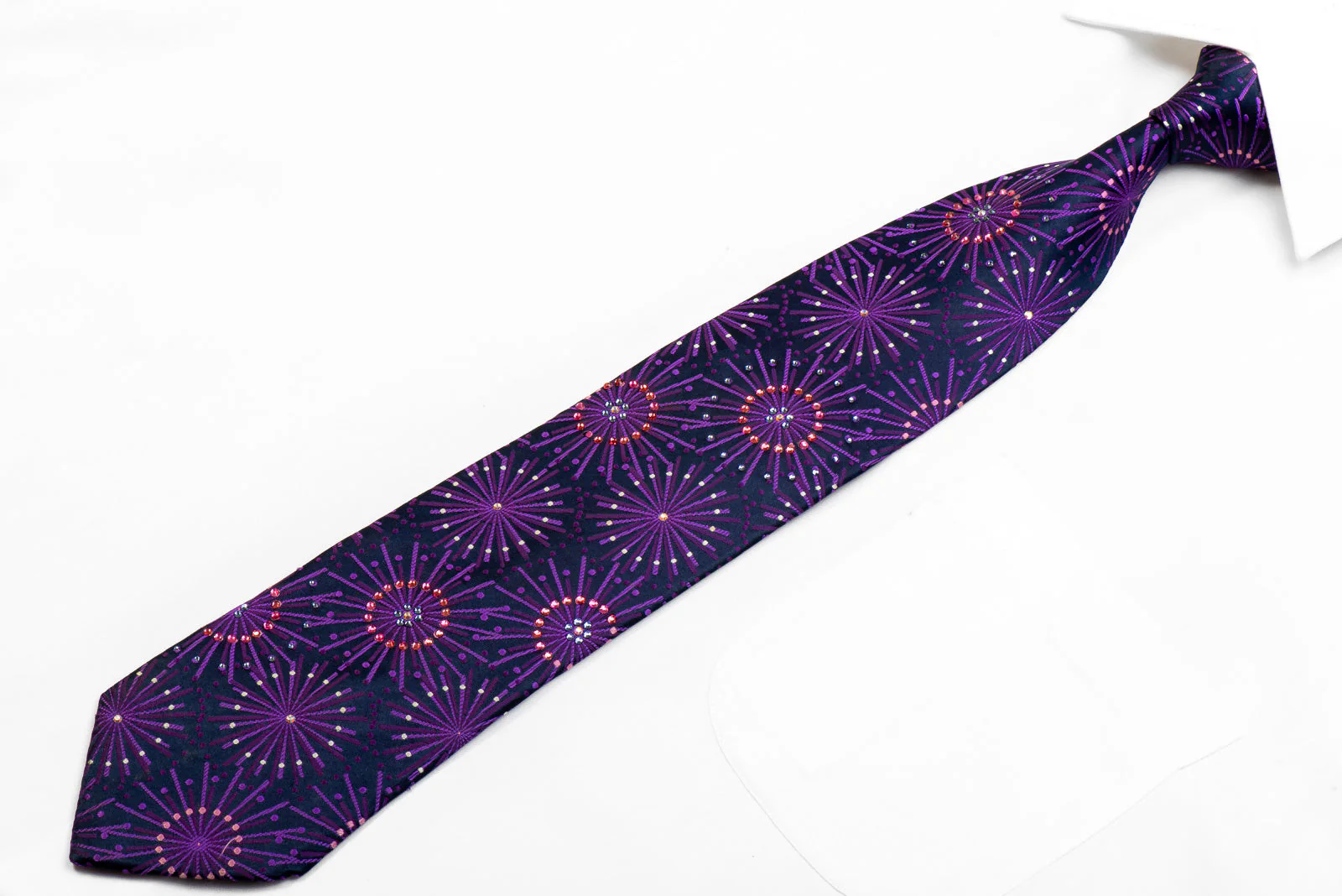 Lancetti Rhinestone Silk Necktie Purple Geometric On Navy - Image 3