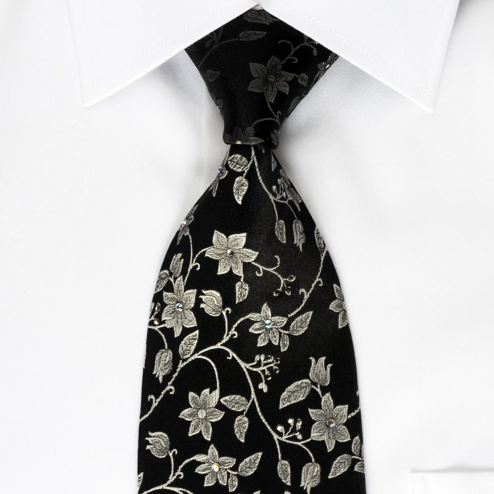 Lancetti Rhinestone Silk Necktie Silver Floral On Black With Sparkles
