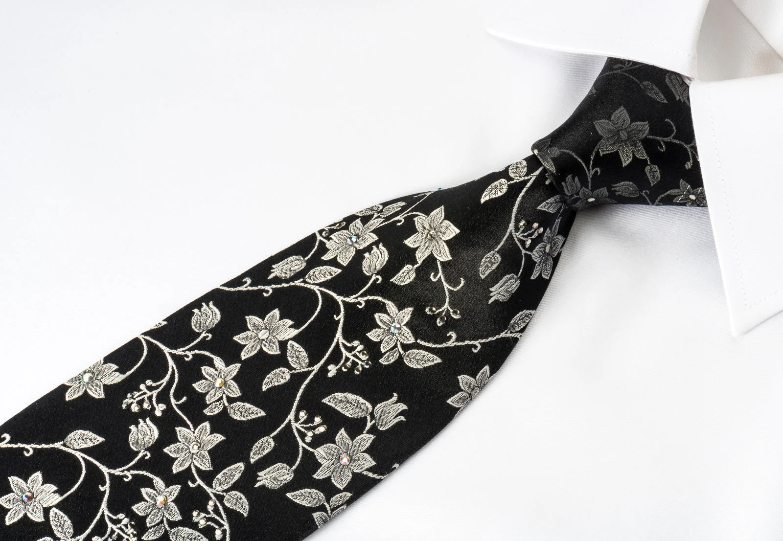 Lancetti Rhinestone Silk Necktie Silver Floral On Black With Sparkles - Image 7