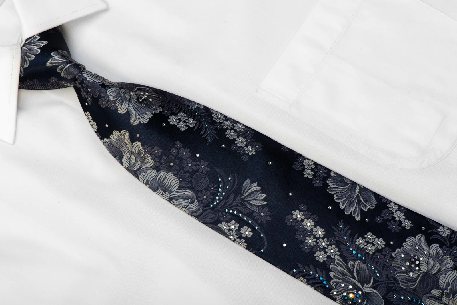 Lancetti Rhinestone Silk Necktie Silver Floral On Navy - Image 2