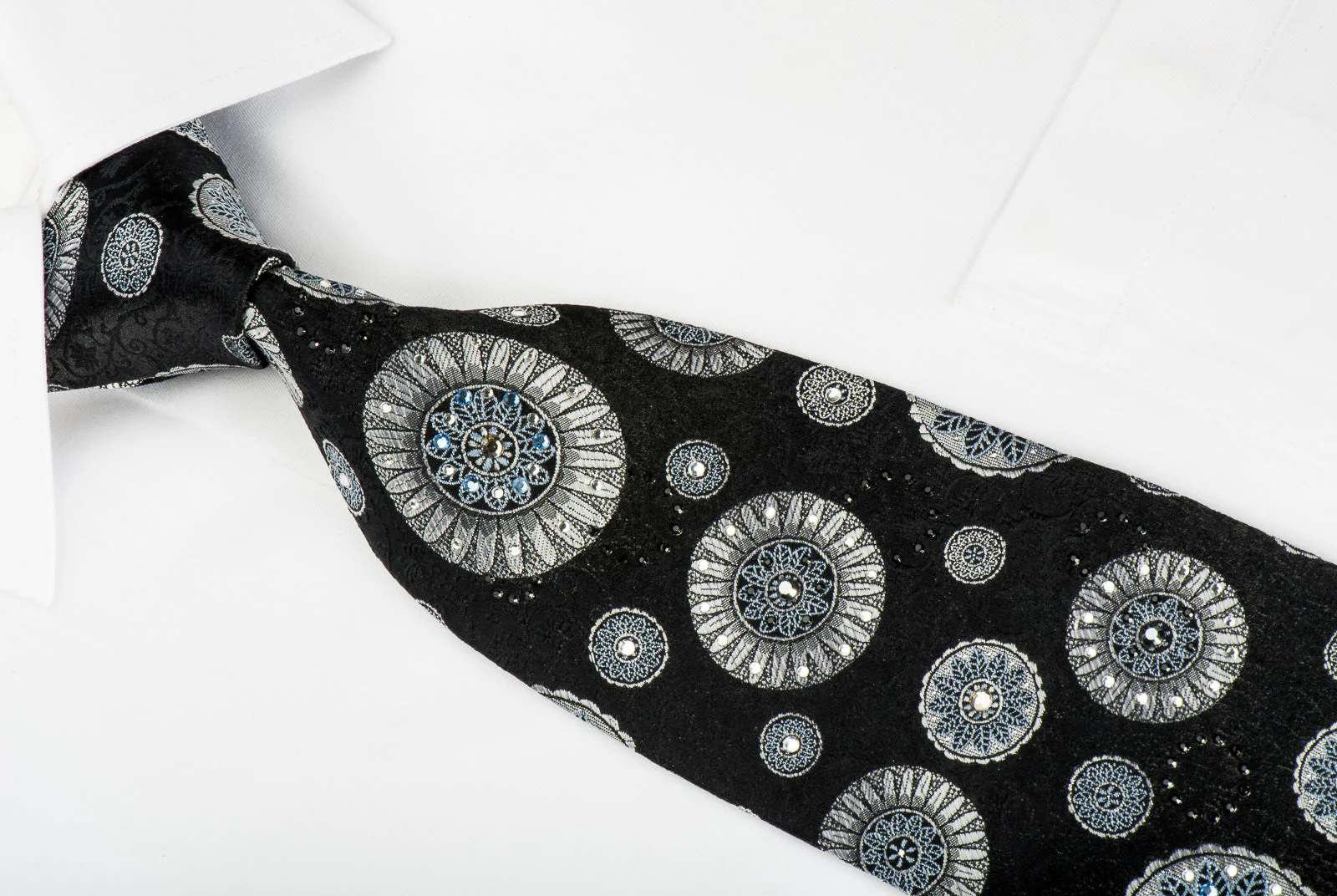 Lancetti Rhinestone Silk Necktie Silver Medallions On Black With Silver Sparkles - Image 4