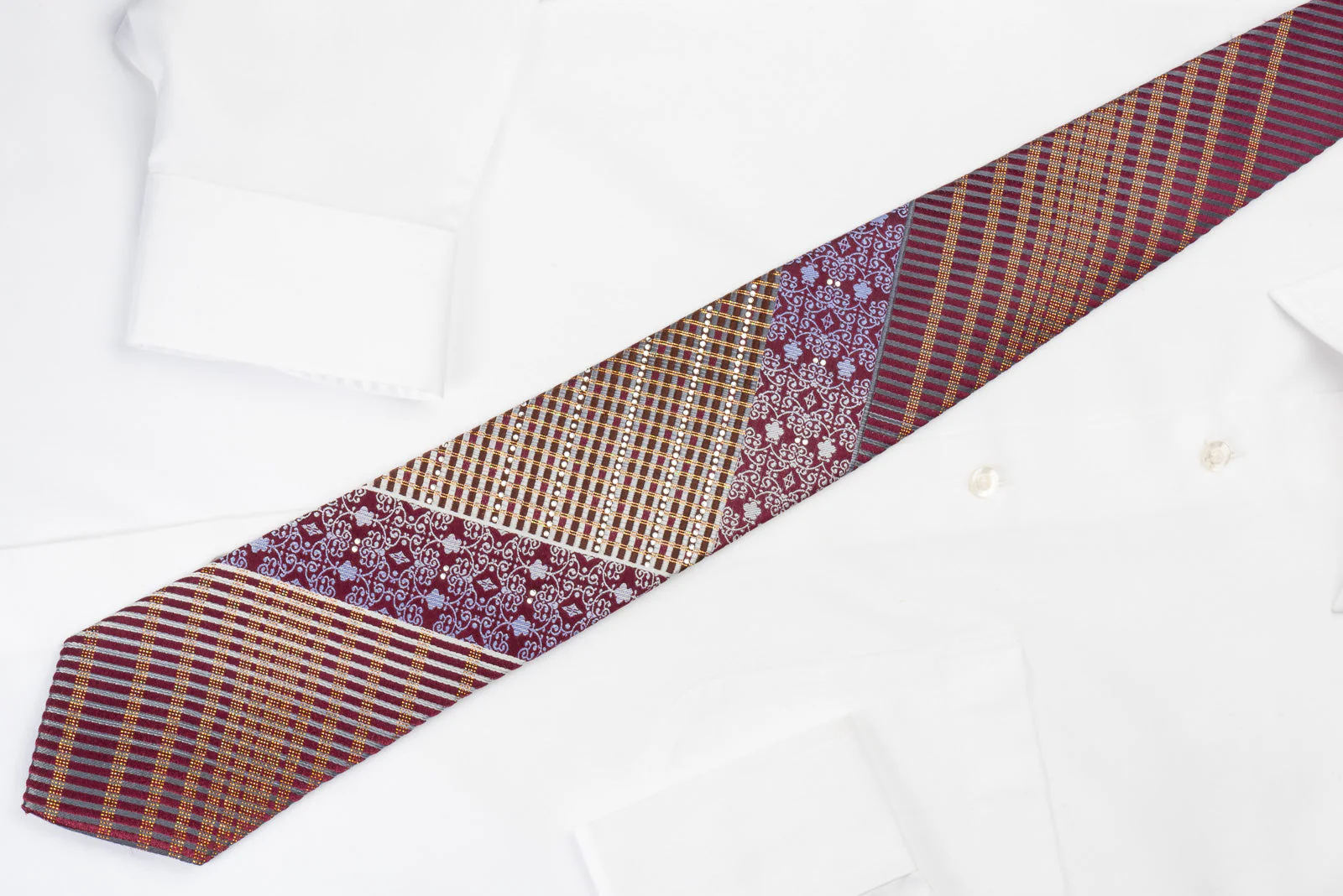 Lancetti Rhinestone Silk Necktie Silver Stripes & Damask On Burgundy With Golden Sparkles - Image 3