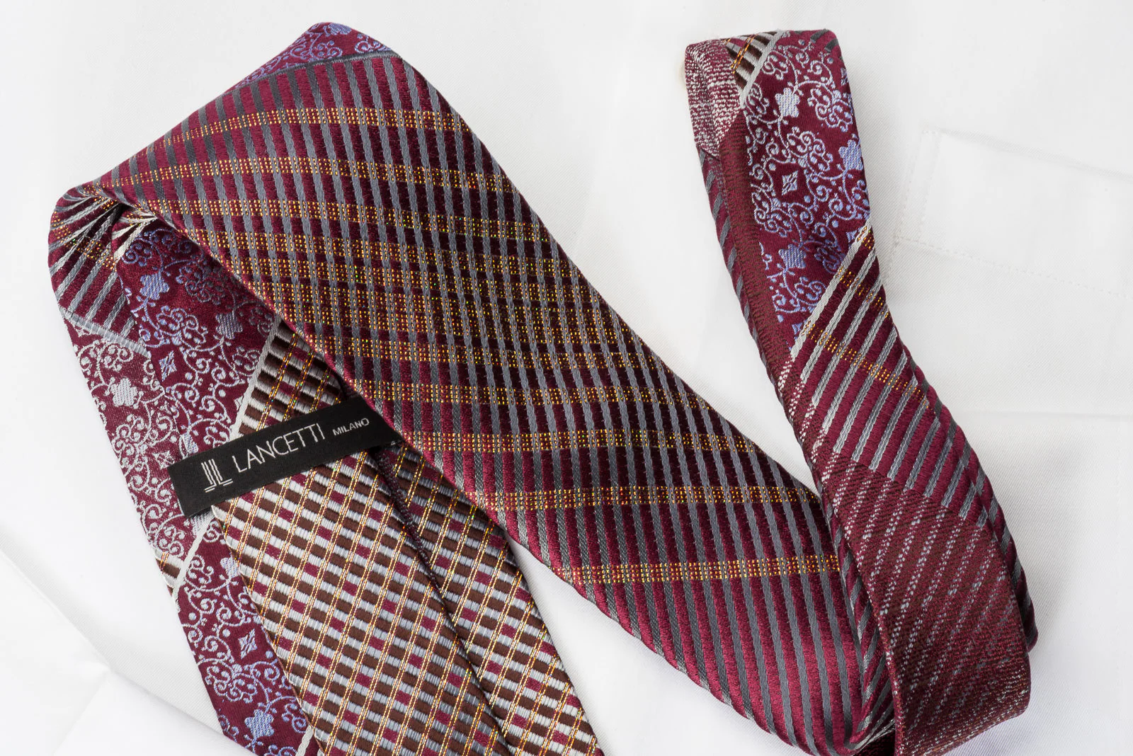 Lancetti Rhinestone Silk Necktie Silver Stripes & Damask On Burgundy With Golden Sparkles - Image 4