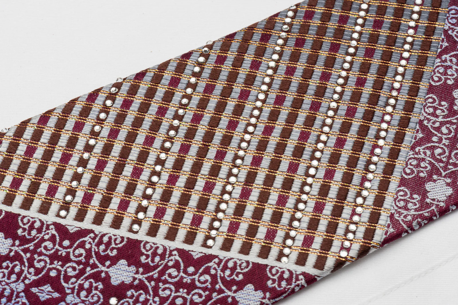 Lancetti Rhinestone Silk Necktie Silver Stripes & Damask On Burgundy With Golden Sparkles - Image 7