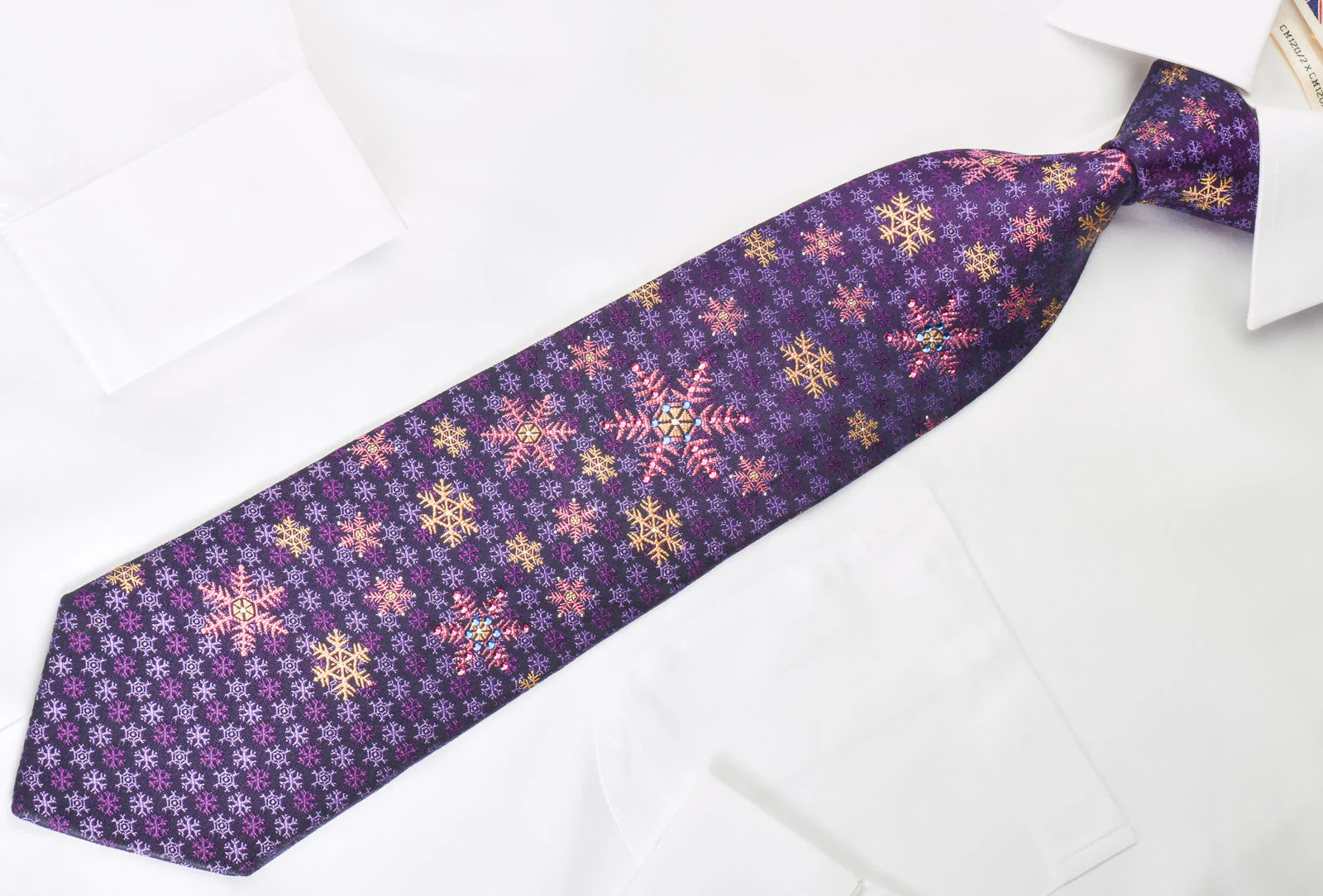 Lancetti Rhinestone Silk Necktie Snow Flakes On Purple With Silver Sparkles - Image 2