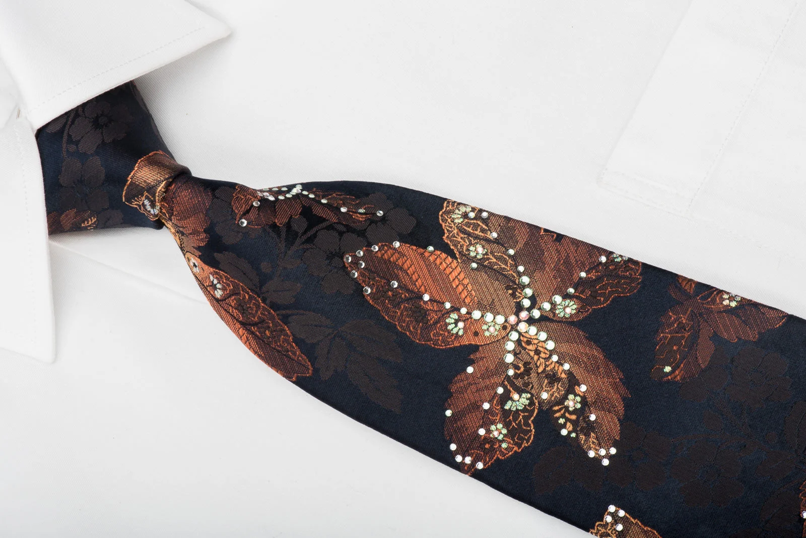 Lancetti Rhinestone Silk Tie Orange Floral On Navy With Sparkles - Image 2