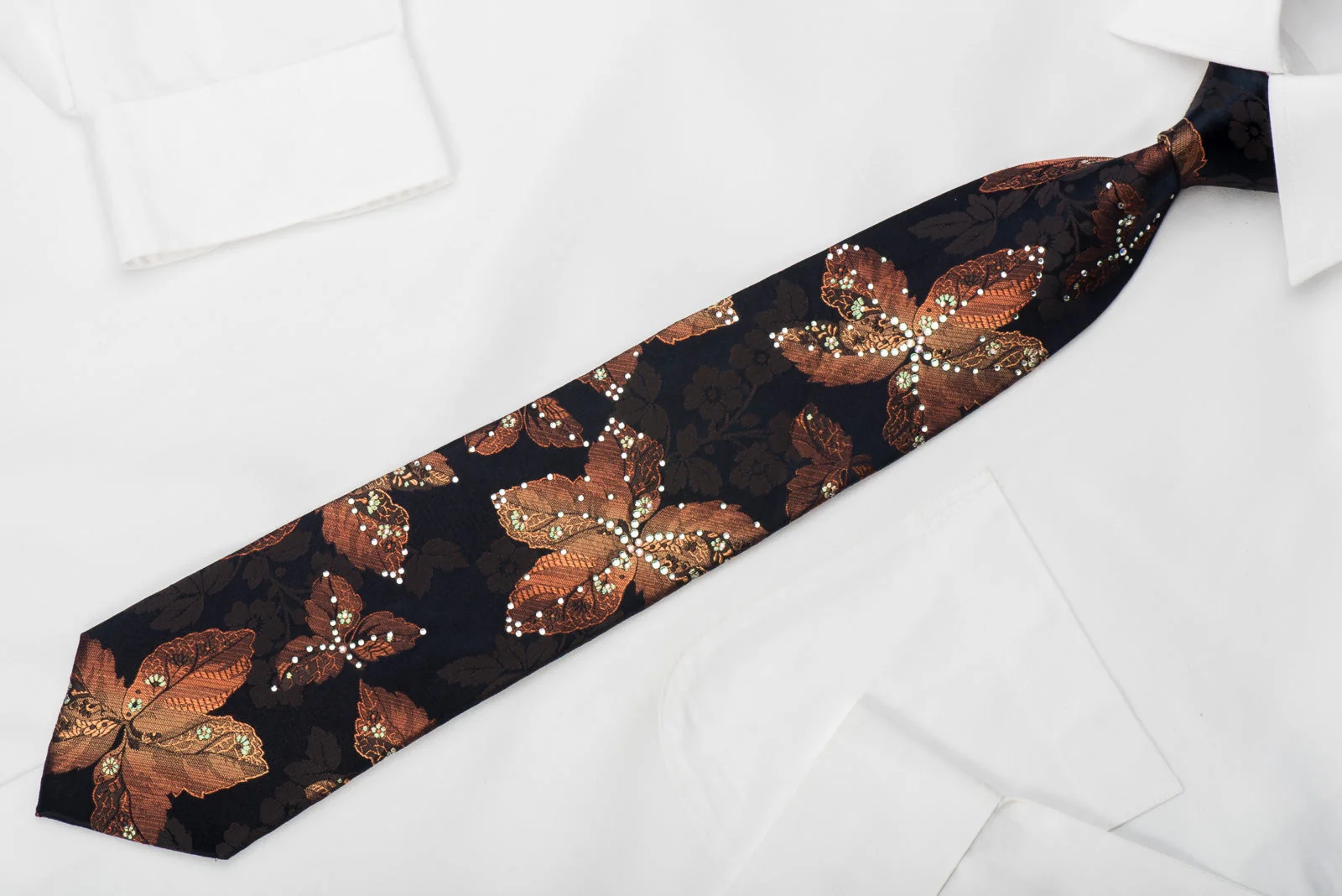 Lancetti Rhinestone Silk Tie Orange Floral On Navy With Sparkles - Image 4