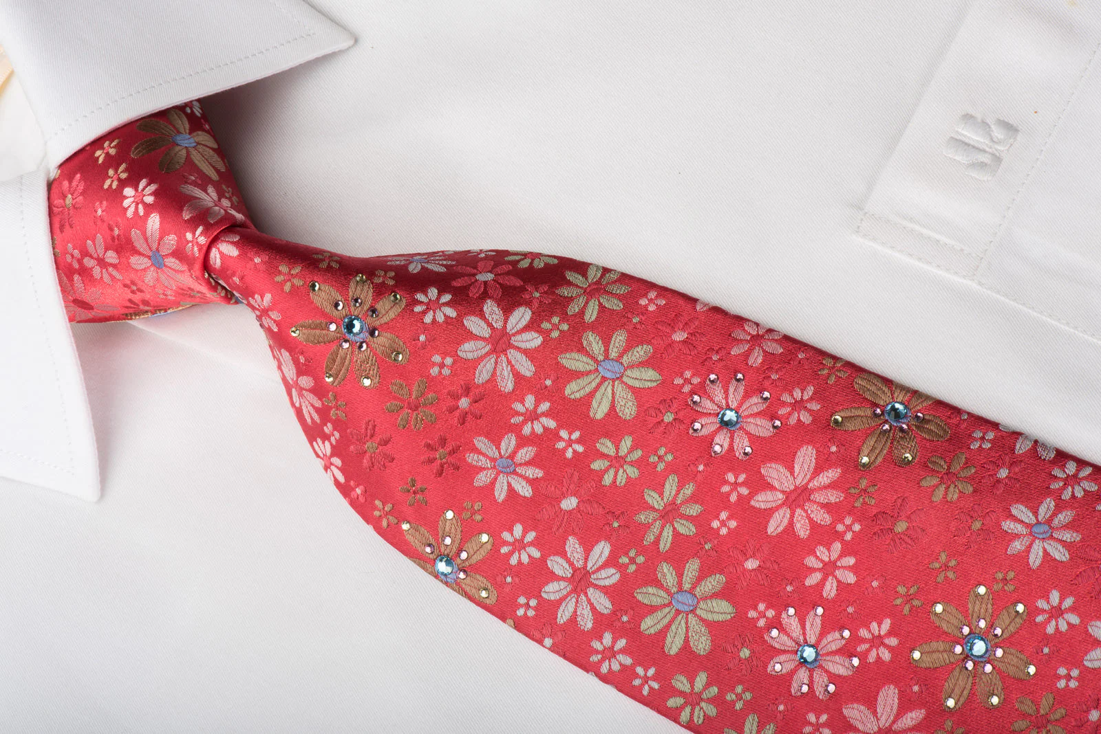 Lancetti Silk Necktie Floral On Red Sparkling With Rhinestones - Image 3