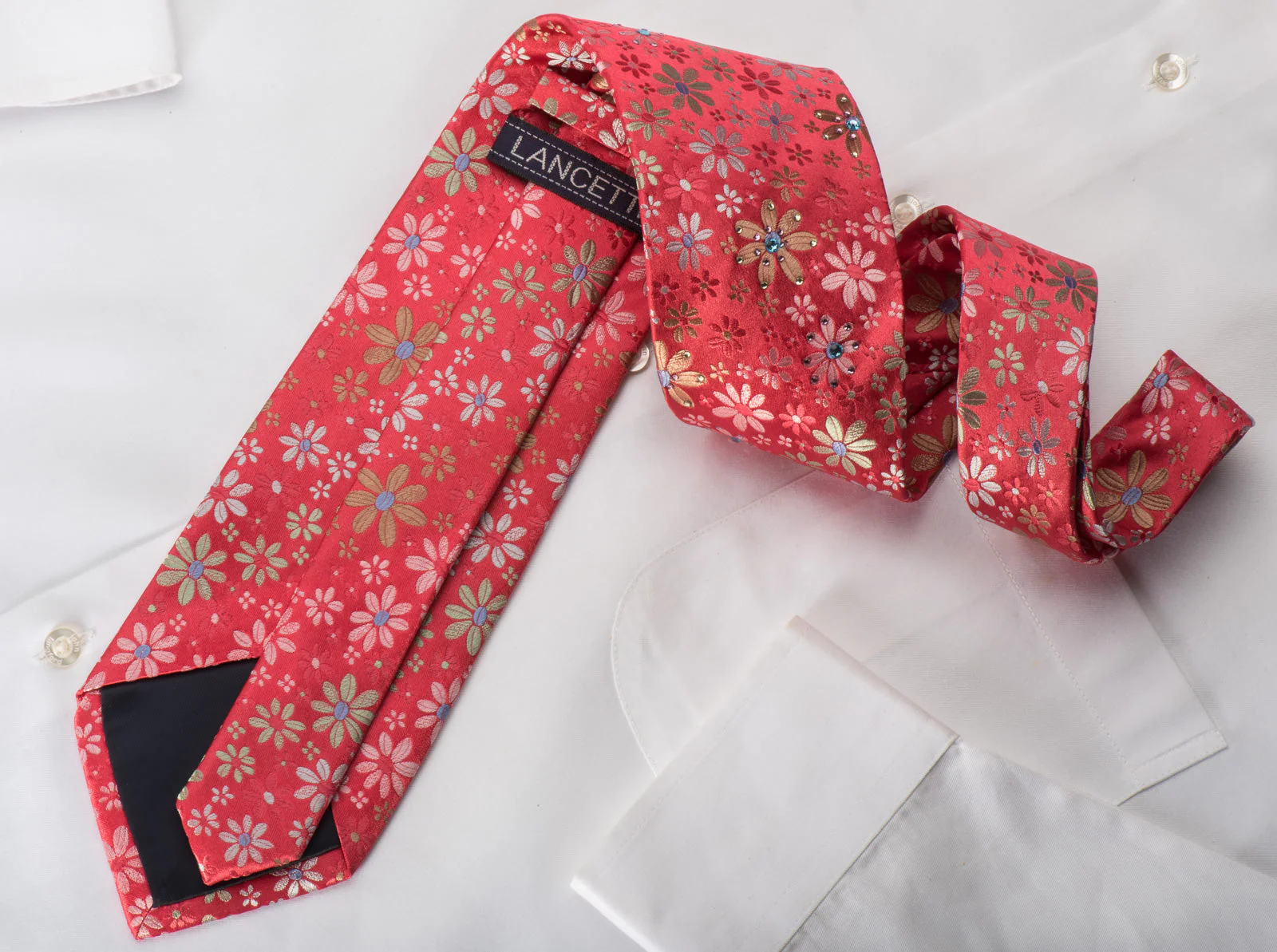 Lancetti Silk Necktie Floral On Red Sparkling With Rhinestones - Image 4