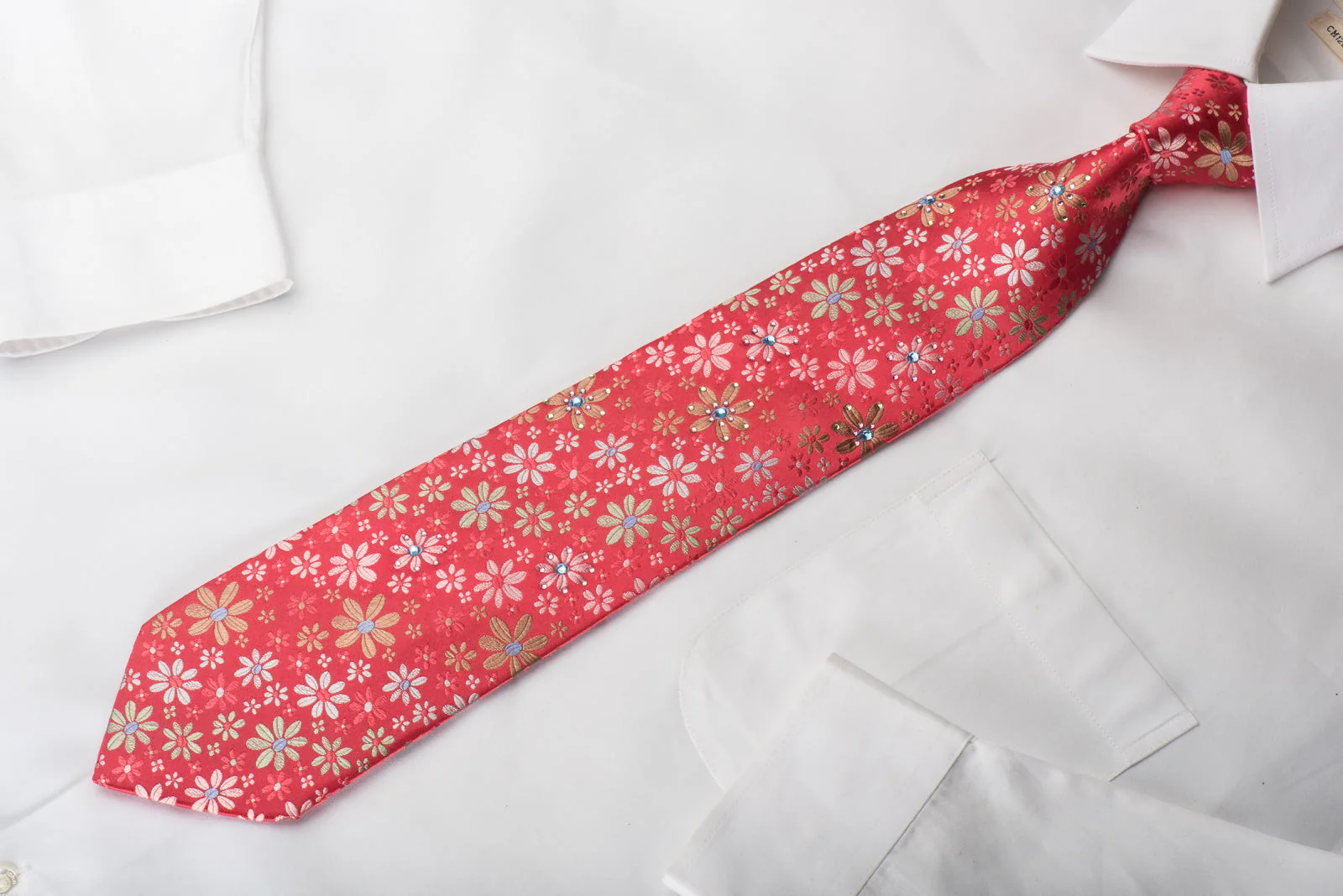 Lancetti Silk Necktie Floral On Red Sparkling With Rhinestones - Image 5