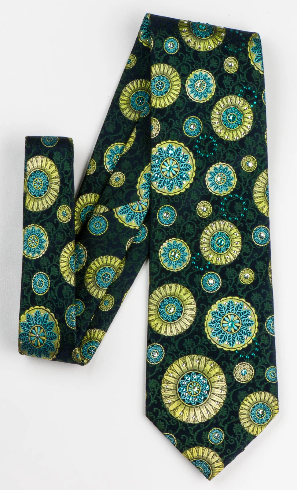 Lancetti Silk NeckTie Lime Green Medalions & Vines On Black With Rhinestones - Image 7