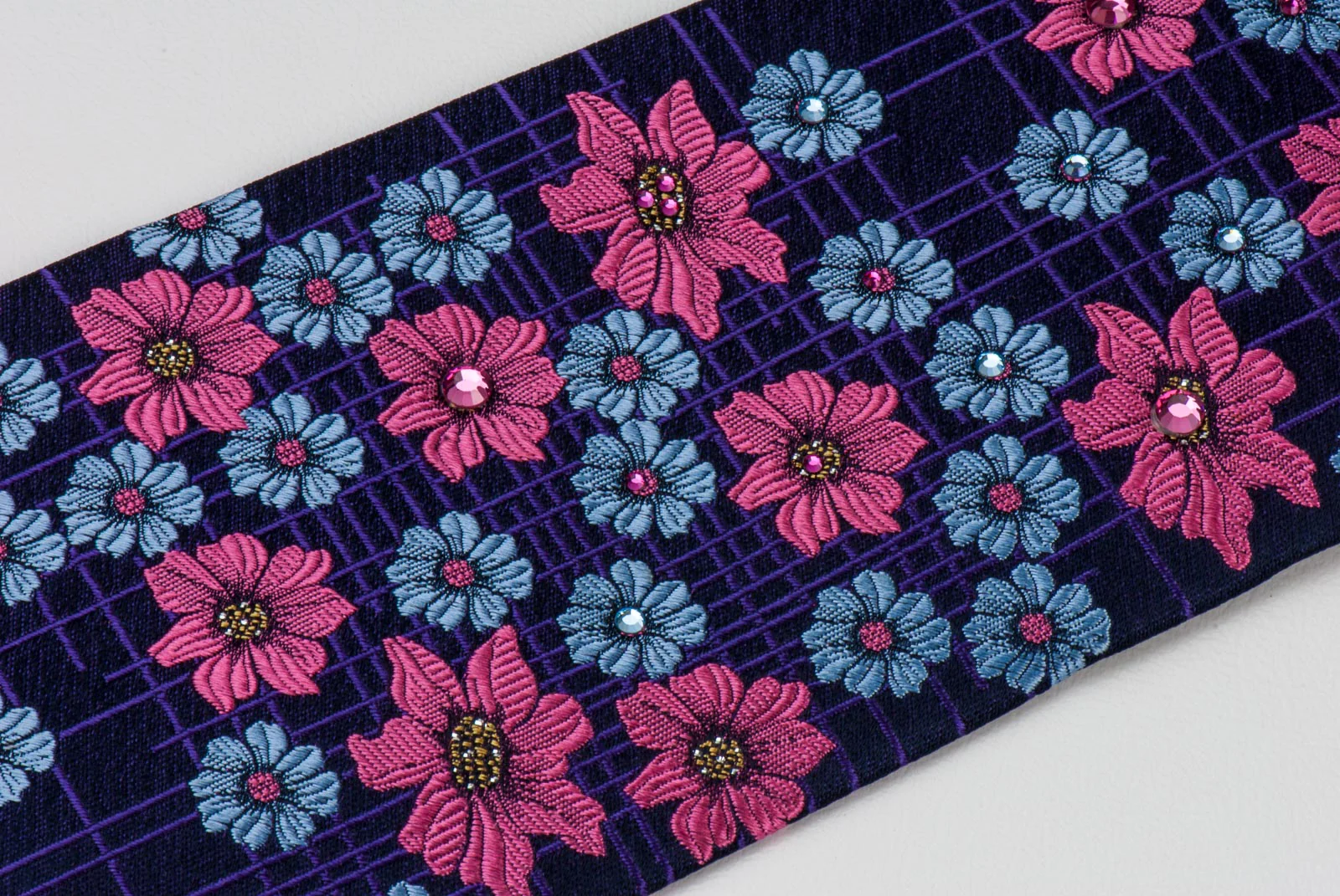 Lancetti Silk Necktie Pink Blue Floral On Purple With Rhinestones & Sparkles - Image 3